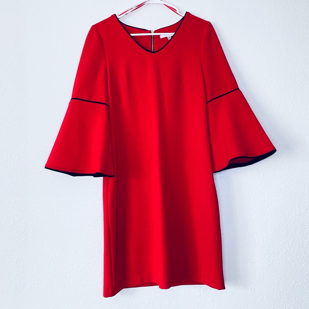 🍓 Studio One Red Party V-Neck Bell Sleeve Gold Exposed Zipper Work Shift Dress 6
